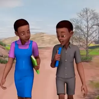 Screenshot from meta-beliefs video of two children talking while walking